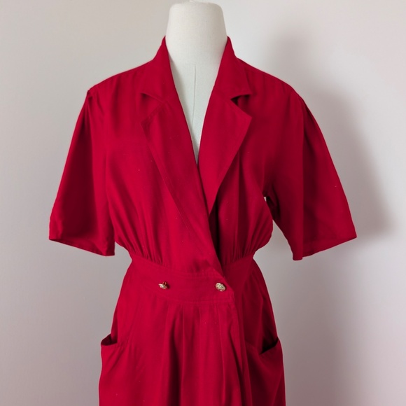 80s Rouie Raw Silk Dress Midi Wrap Asymmetrical Collar Double Breasted Vintage - Picture 3 of 15